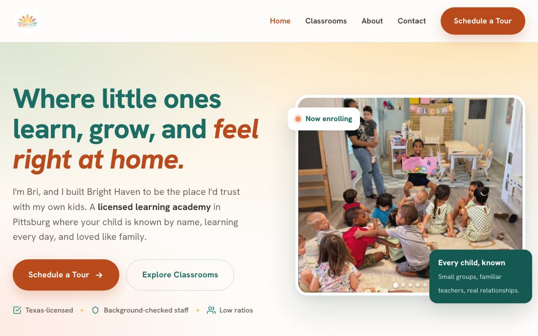 The Bright Haven Learning Academy homepage we built, with the headline Where little ones learn, grow, and feel right at home, and a photo carousel of real classroom moments