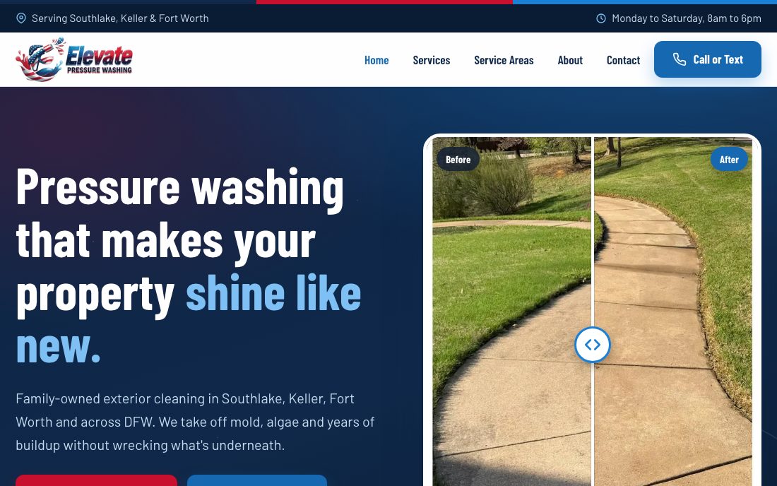 The new Elevate Pressure Washing homepage, with the headline Pressure washing that makes your property shine like new and a draggable before-and-after slider
