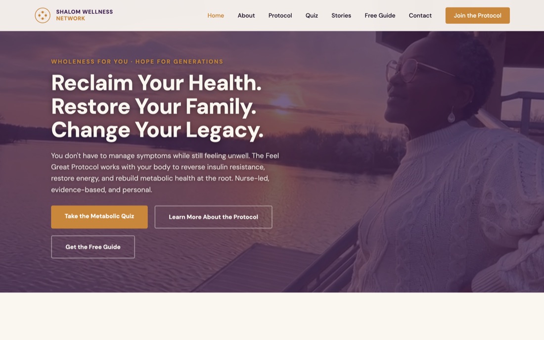 The Shalom Wellness Network homepage we built, with the headline Reclaim Your Health, Restore Your Family, Change Your Legacy